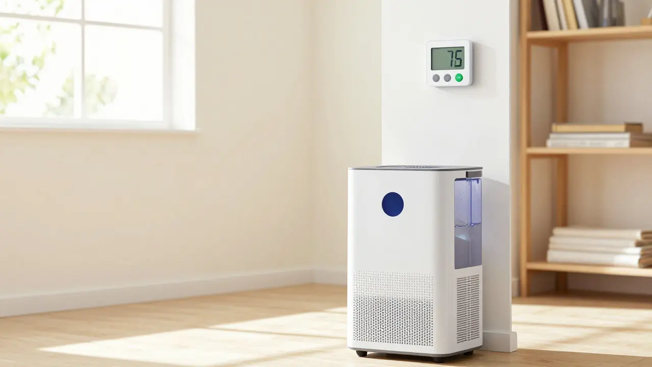 Moderner, trockener Keller mit Entfeuchter und Smart-Humidity-Monitor