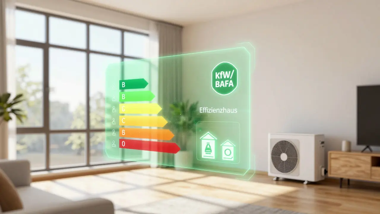 Modernisiertes Wohnzimmer mit Wärmepumpe und Energieeffizienz-Symbolen