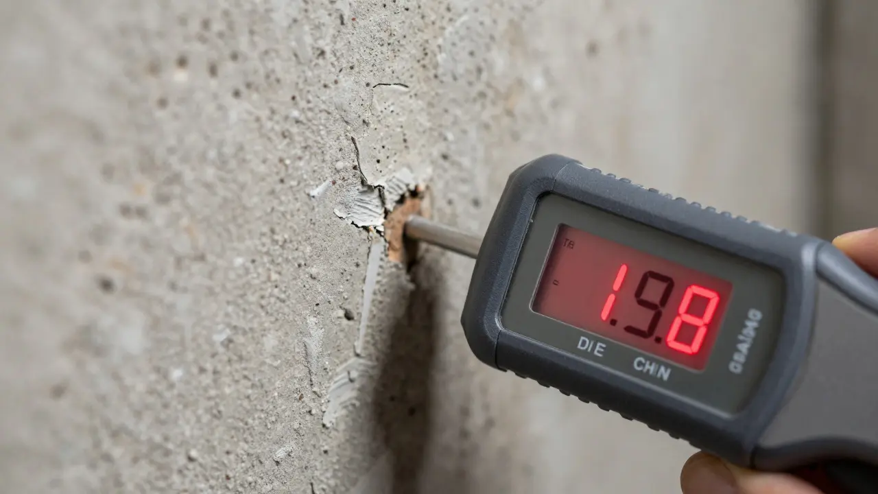 Nahaufnahme eines Feuchtigkeitsmessgeräts an einer beschädigten Kellermauer