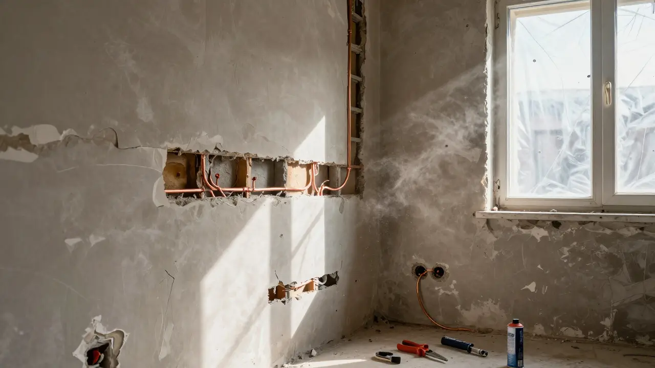 Offene Wände zeigen alte Elektrik und versteckte Schäden im Altbau