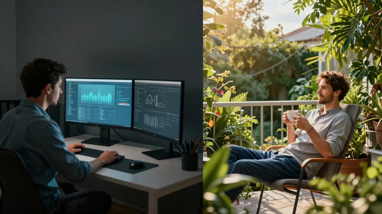 Person arbeitet am Schreibtisch und entspannt im Garten, Balance zwischen Job und Freizeit