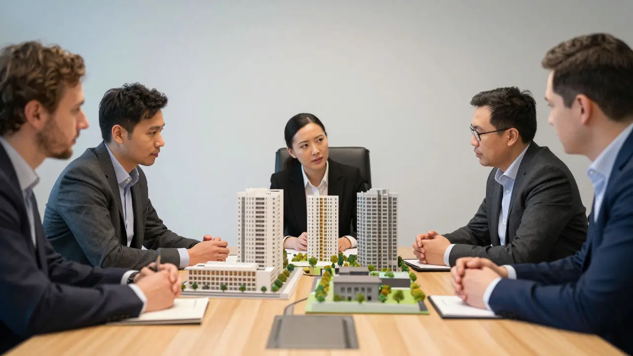 Private Investoren prüfen Wohnimmobilien-Modelle in einem modernen Büro