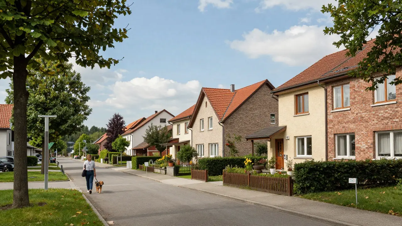 Ruhige Vorstadtstraße mit Häusern und Gärten, ideal für Remote-Arbeit