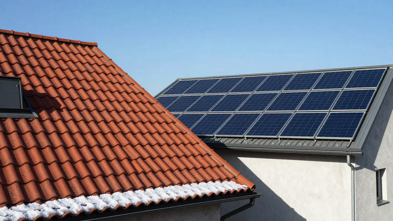 Vergleich von Schrägdach mit Ziegeln und Flachdach mit Solarpanelen