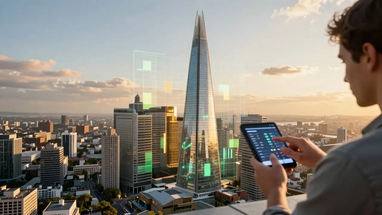 Zukünftige Stadt mit holographischer Darstellung von Immobilien-NFTs