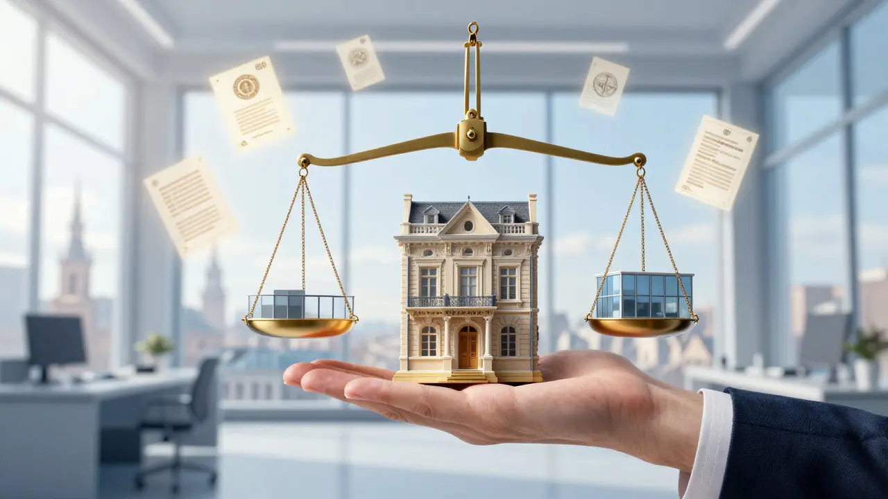 Abstract concept art of scales balancing a historic house model and a modern balcony design