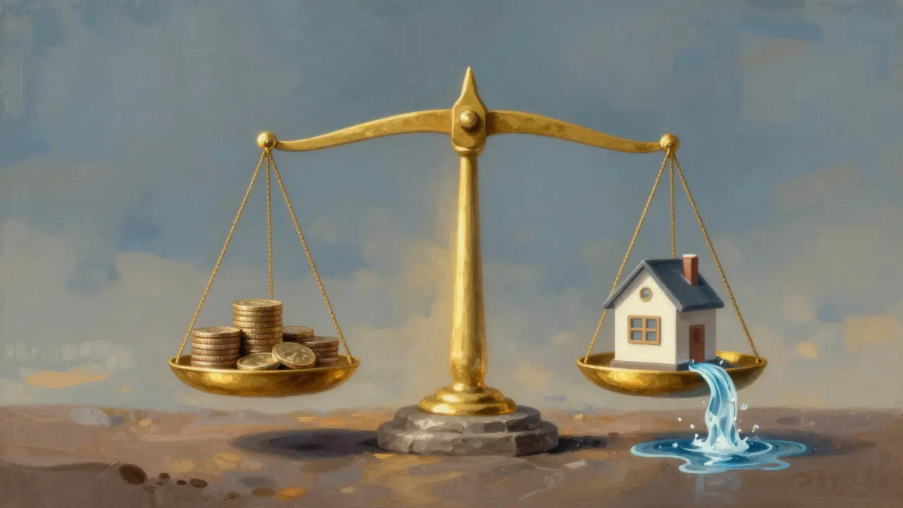 Abstrakte Darstellung einer Waage, die Immobilienkosten und Mietzahlungen ausgleicht, mit goldenem Licht.