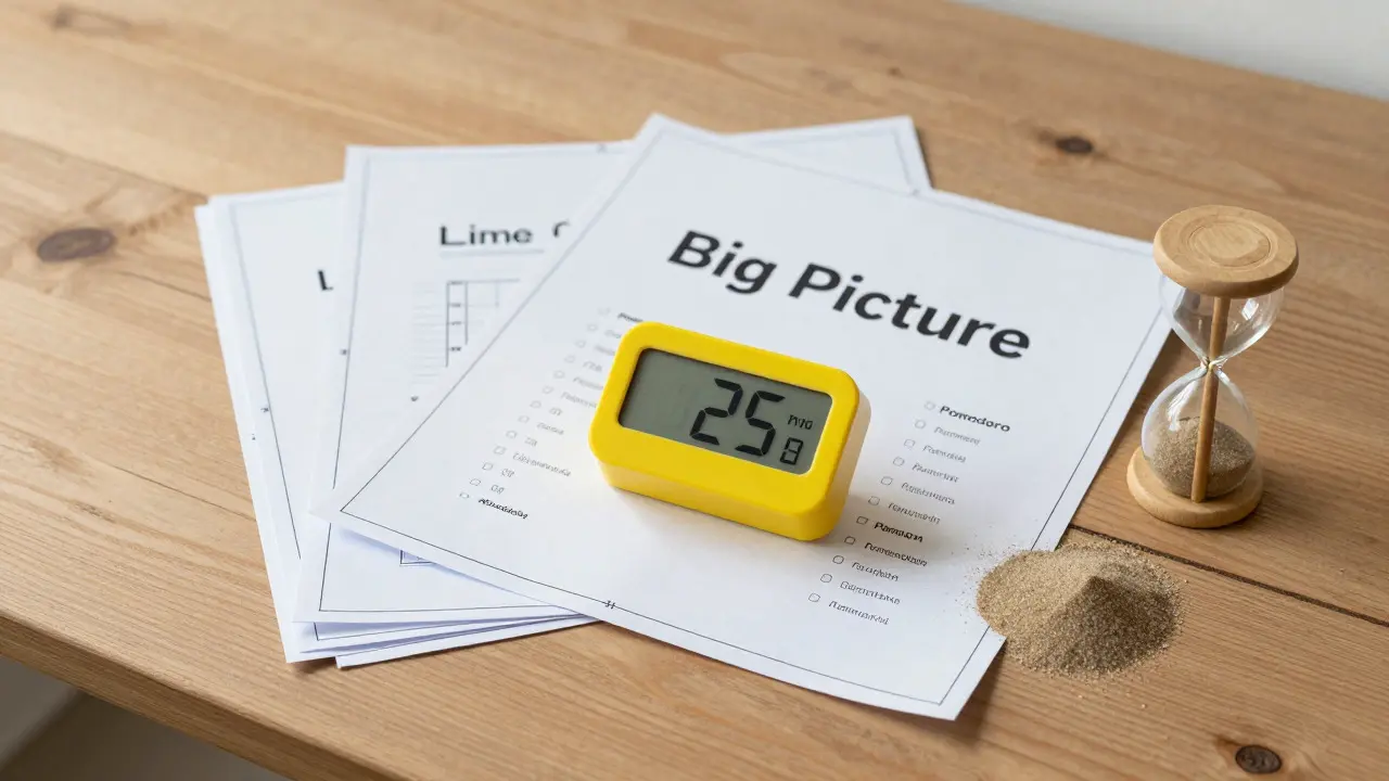 Aufgeräumter Arbeitstisch mit Bauplänen, Timer und Sanduhr zur Visualisierung von Zeitmanagement