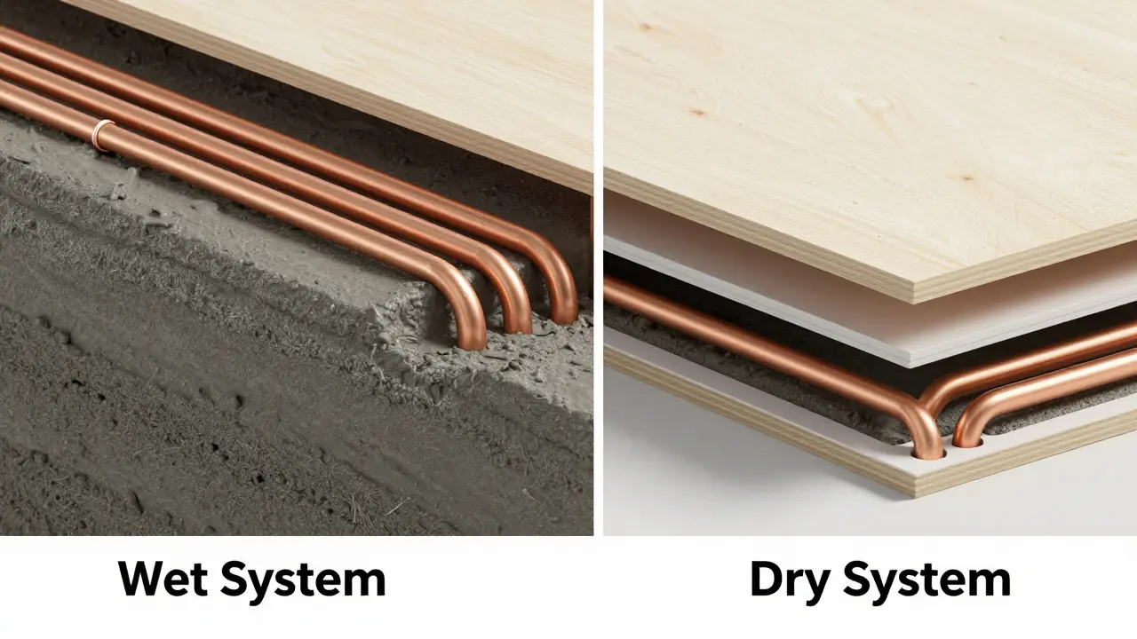 Cross-section comparing wet and dry underfloor heating systems