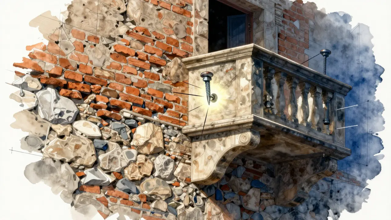 Cross-section illustration of a chemical anchor bolt securing a balcony to old stone masonry