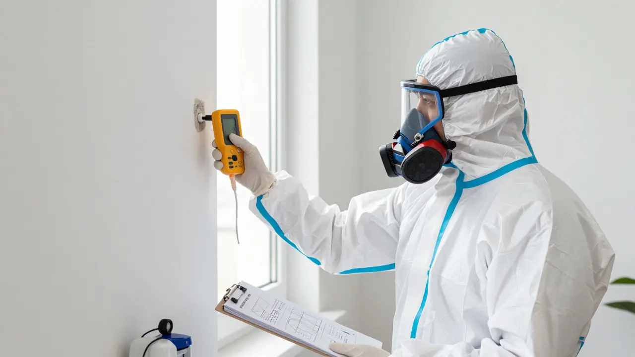 Experte mit Schutzkleidung prüft Wandfeuchte mit Messgerät