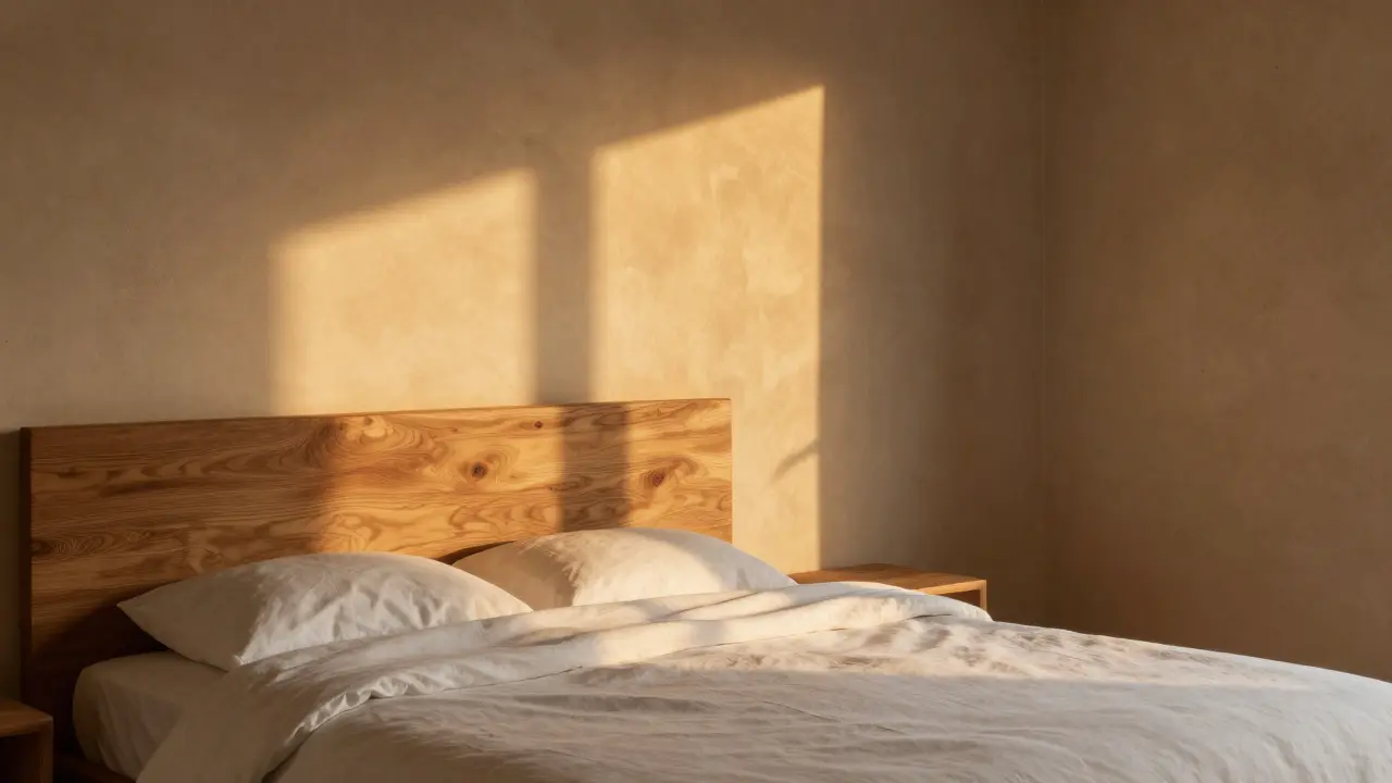 Gemütliches Schlafzimmer bei Dämmerung mit Leinenbettwäsche, Holz und Lehmwänden.