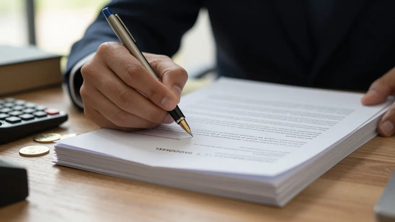 Hand unterschreibt einen Stapel offizieller Dokumente am Schreibtisch