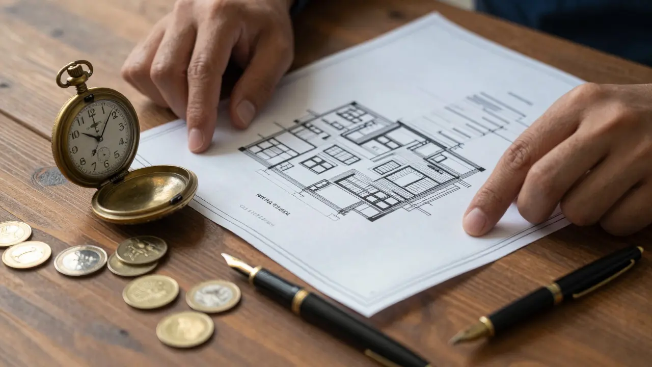 Hands reviewing blueprints and a watch symbolizing long-term lease duration