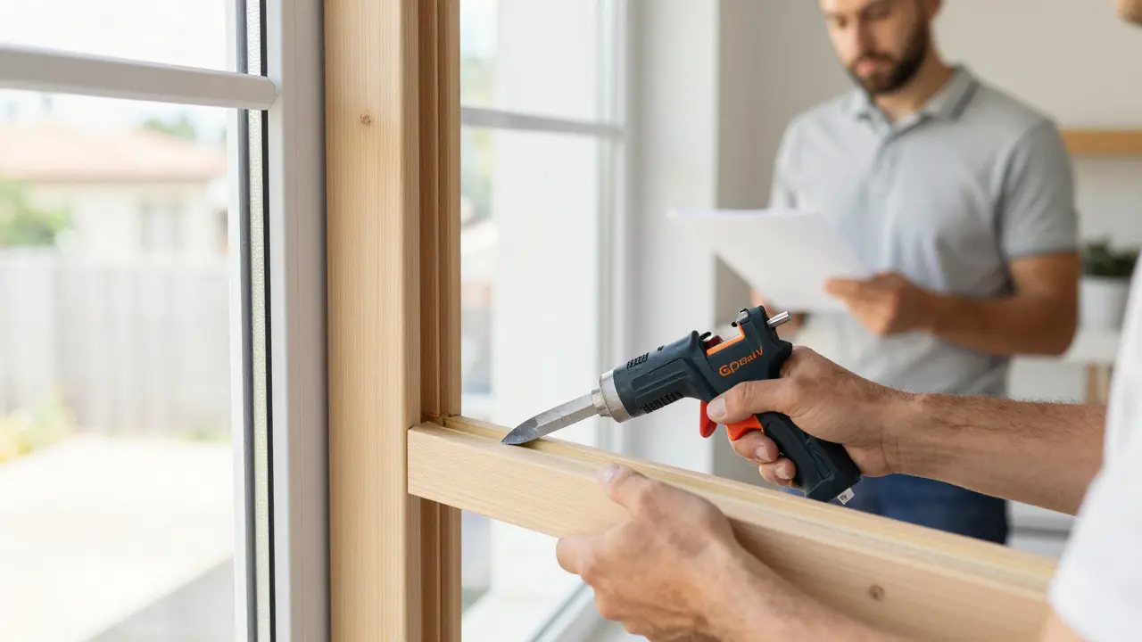 Handwerker dichtet ein neues Holzfenster luftdicht ab