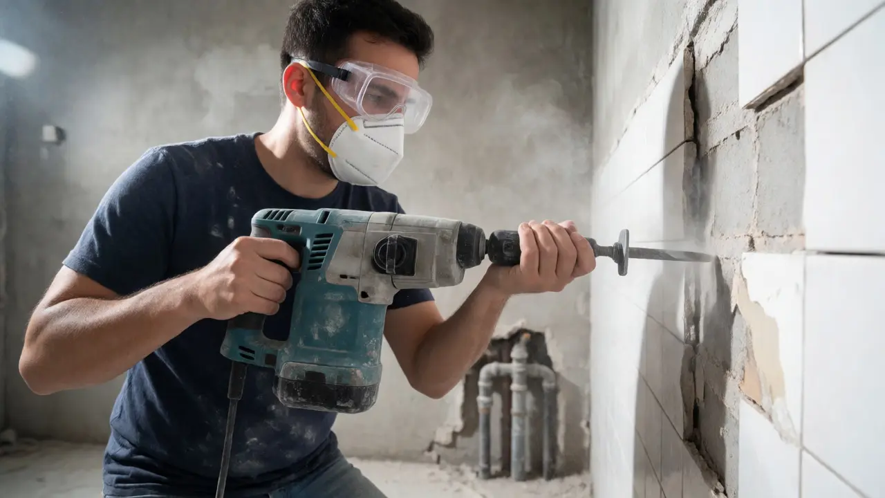Handwerker entfernt alte Fliesen mit einem Bohrhammer während der Badrenovierung.