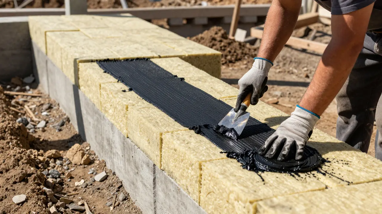 Handwerker klebt Dämmplatten auf die ausgehobene Kellerwand