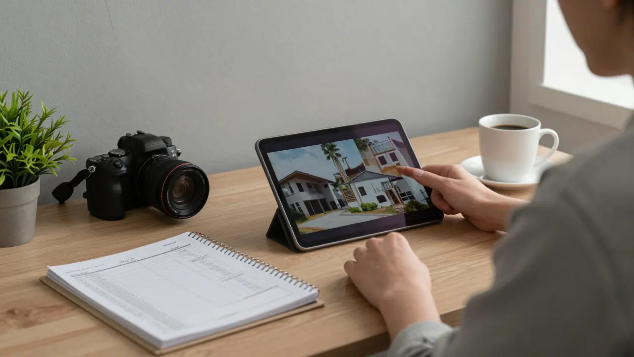 Homeowner organizing renovation documents and photos in an office