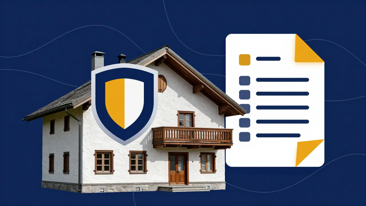 Illustration of a protected house with shield and checklist icons
