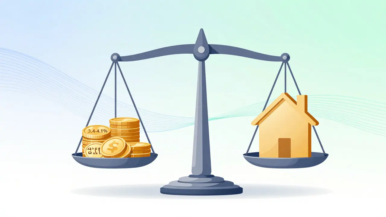 Konzeptionelle Illustration einer Waage mit Münzen und Haus-Symbol