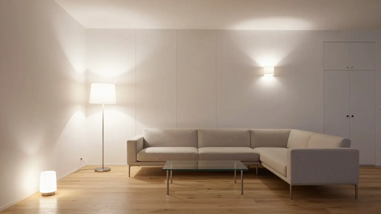 Minimalistisches Wohnzimmer mit warmer Beleuchtung und filigranen Möbeln