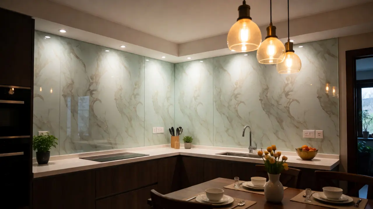 Moderne Küchenecke mit bedruckter Glasrückwand und warmer Beleuchtung