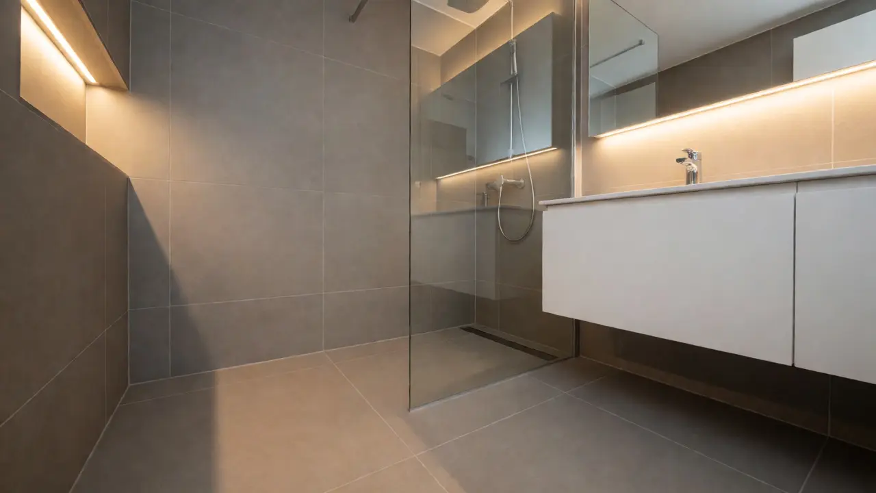 Modernes, minimalistisches Badezimmer nach der Sanierung mit großformatigen Fliesen.