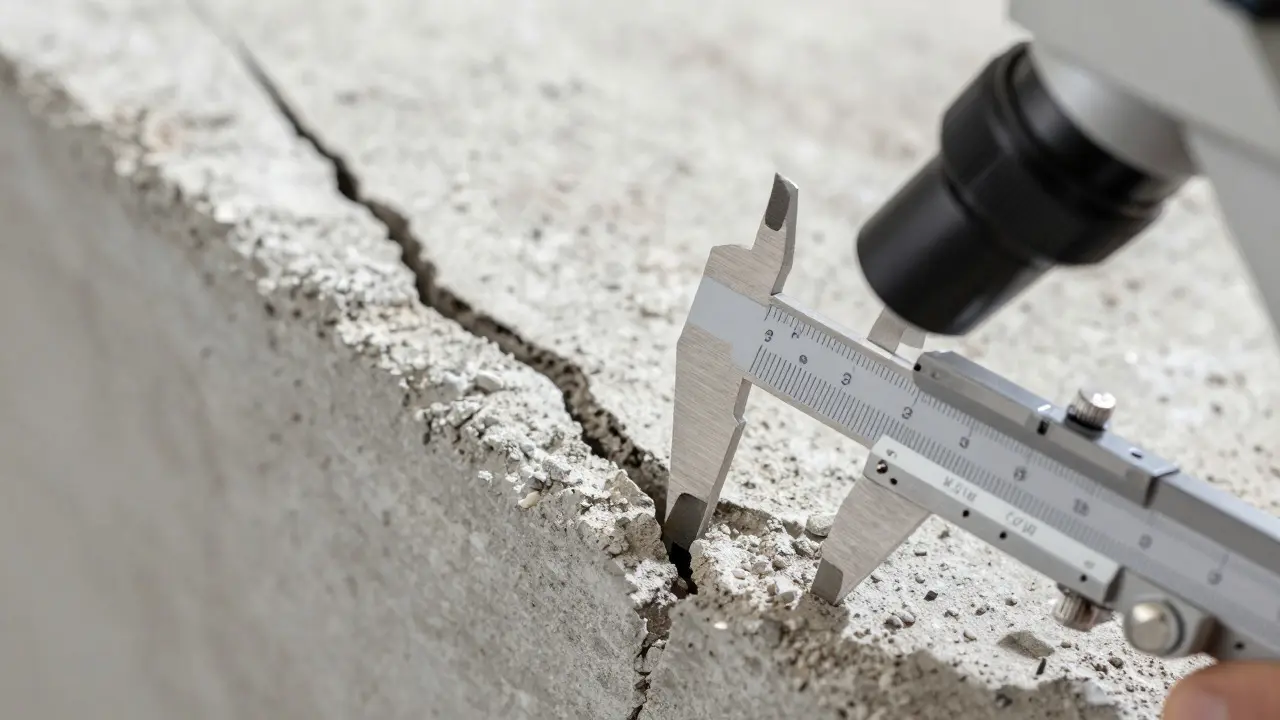 Nahaufnahme eines Risses im Fundament mit Messschieber