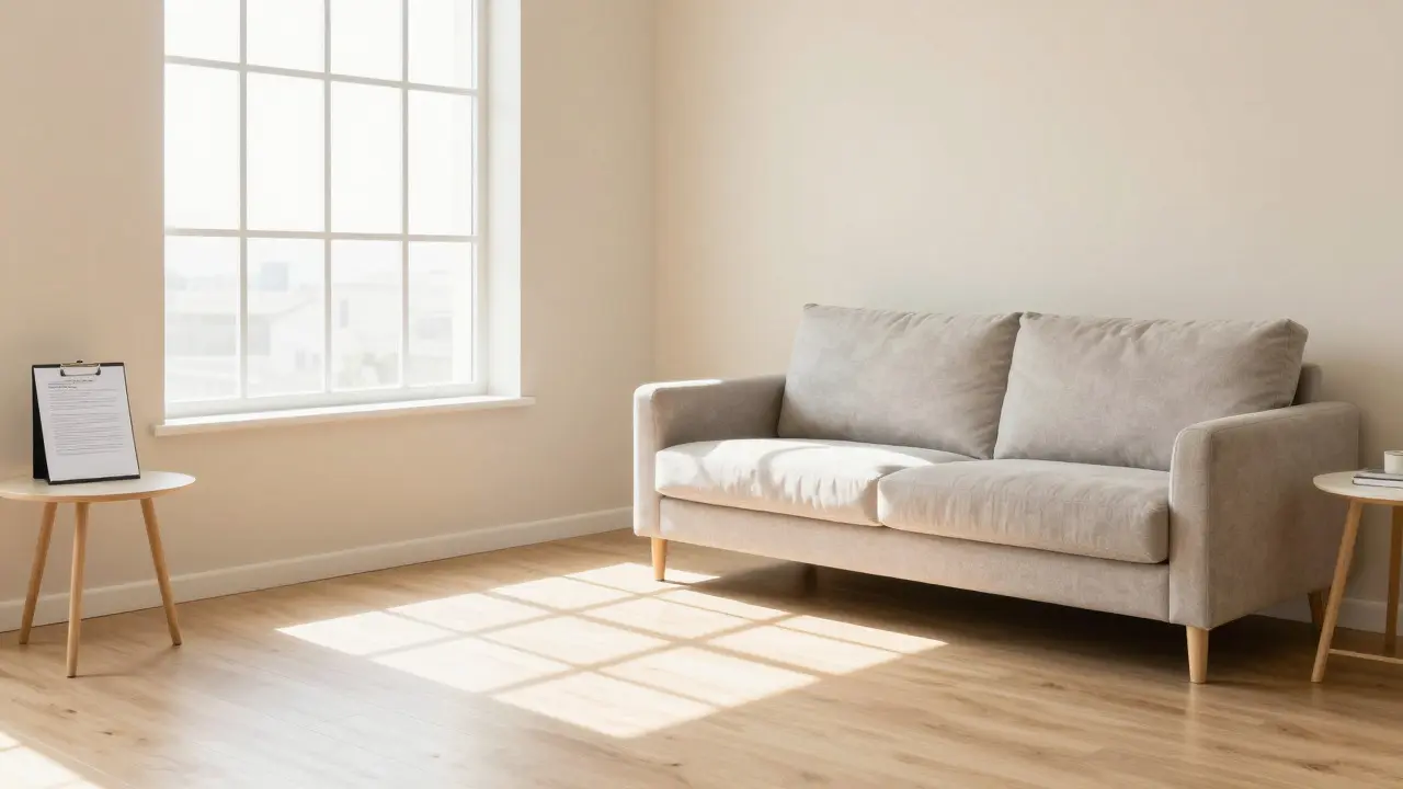Neutral eingerichtetes Wohnzimmer im Homestaging-Stil