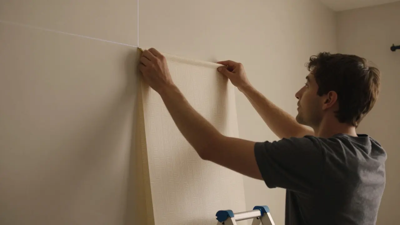 Person hängt die erste Tapetenbahn präzise an die Wand
