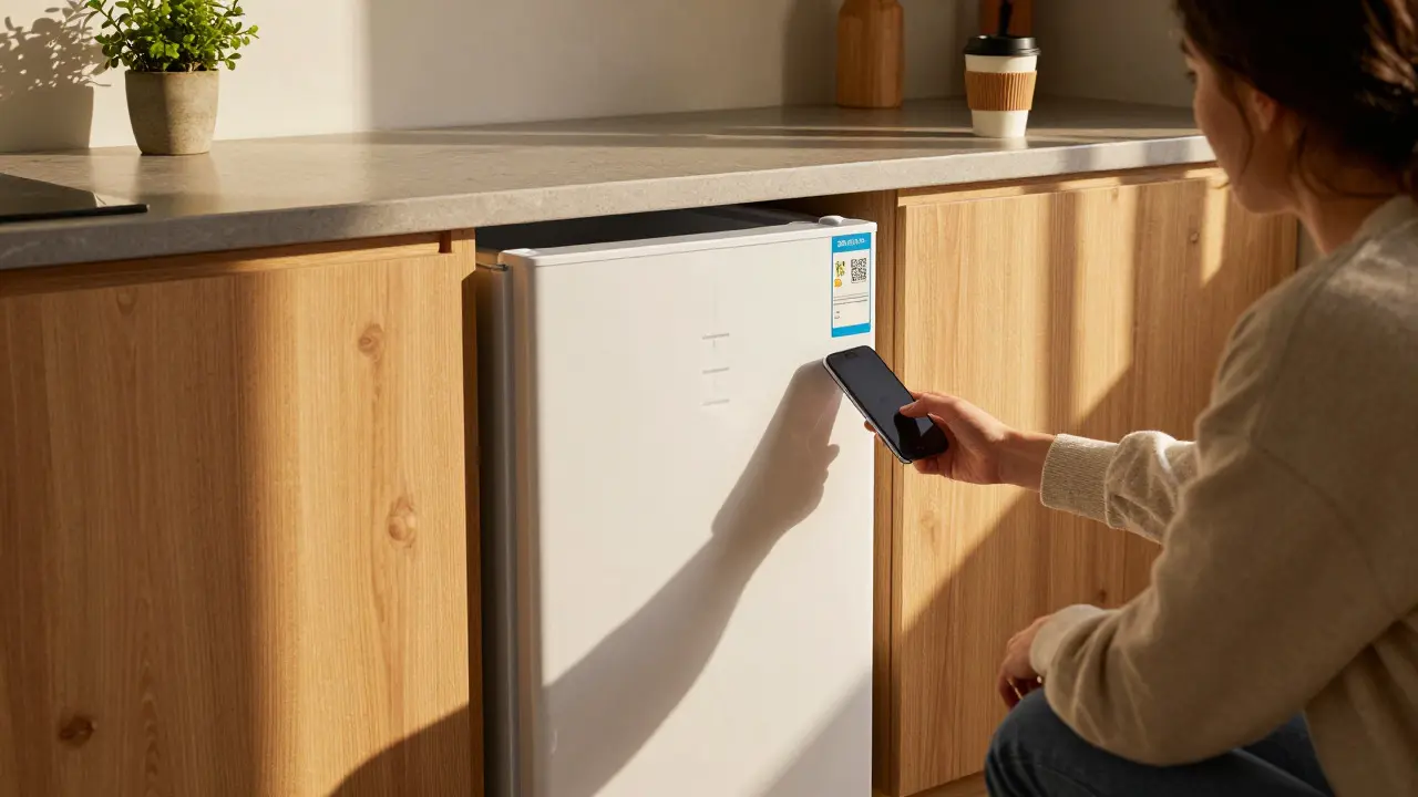 Person prüft Energielabel eines kompakten Kühlschranks