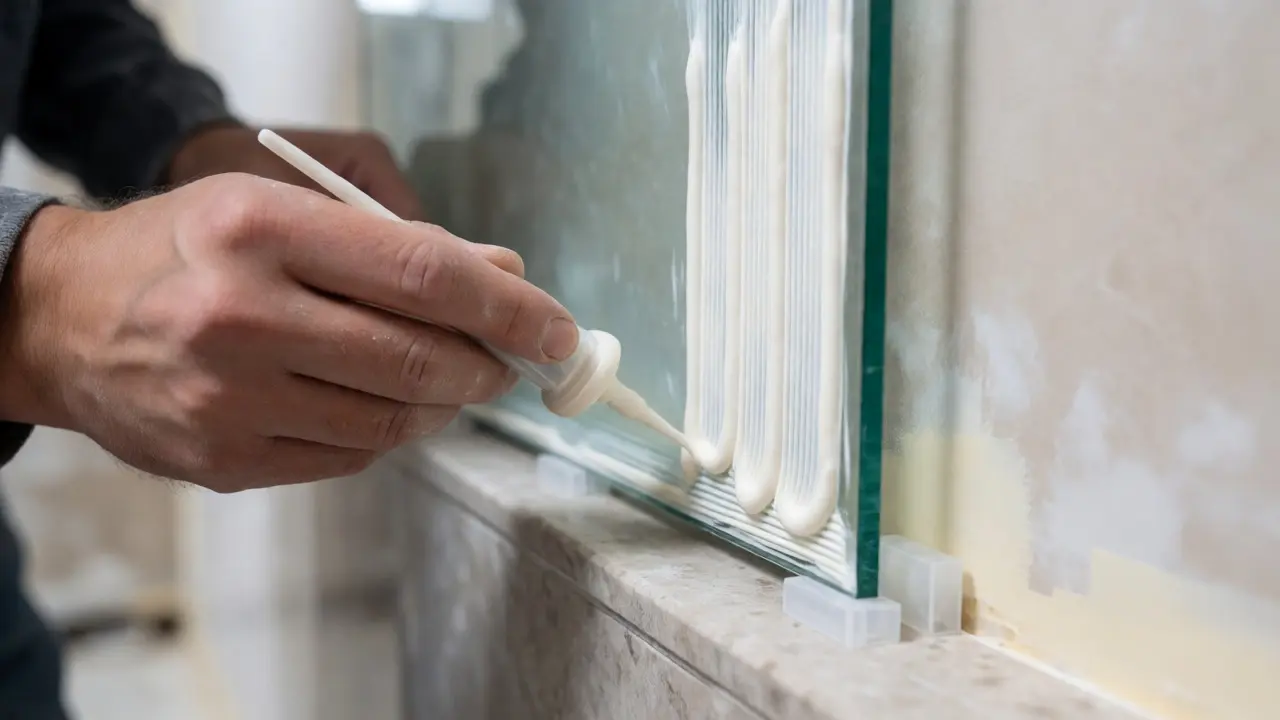Professionelle Montage einer Glasplatte mit Silikon und Abstandshaltern