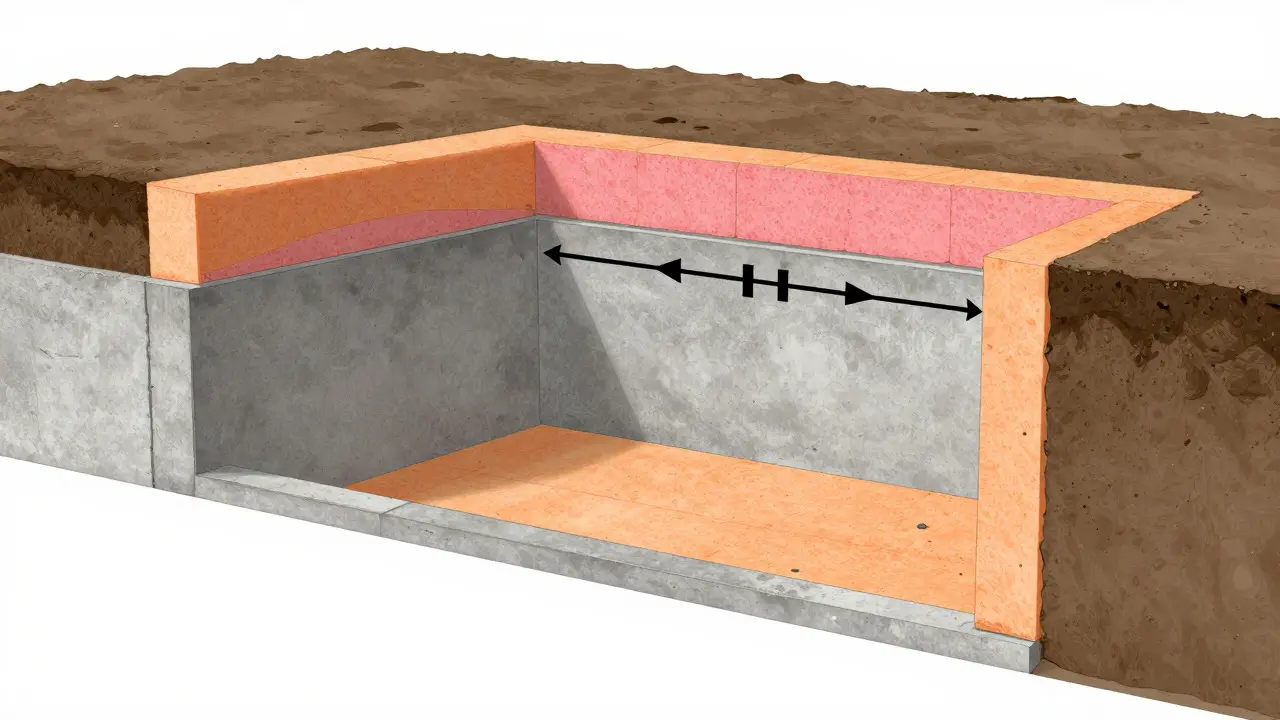 Schnittansicht eines Fundaments mit äußerer Dämmschicht aus Styroporplatten