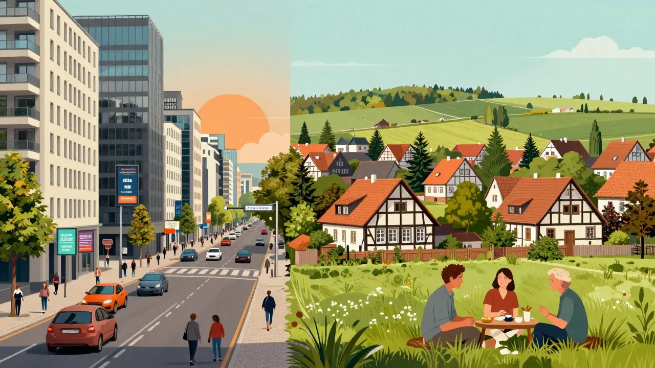 Split-Bild: Links lebendige Stadtmitte, rechts ruhiges Dorf mit Menschen im Gespräch.