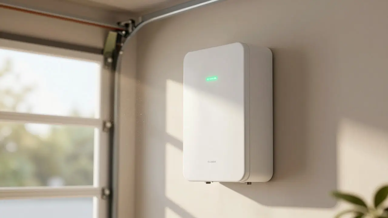 Wandmontierter Batteriespeicher mit grünem Statuslicht