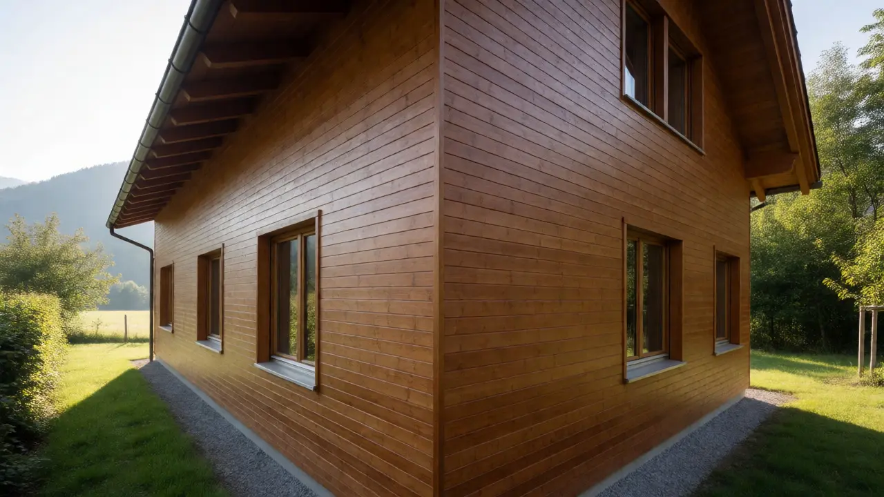 Frisch gestrichene, gepflegte Holzfassade eines Hauses in österreichischer Berglandschaft bei Tageslicht.