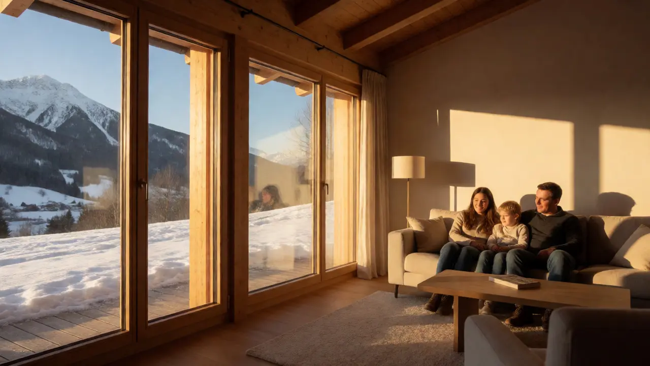 Gemütliches Wohnzimmer mit neuen Fenstern und Blick auf verschneite Berge nach der Sanierung.