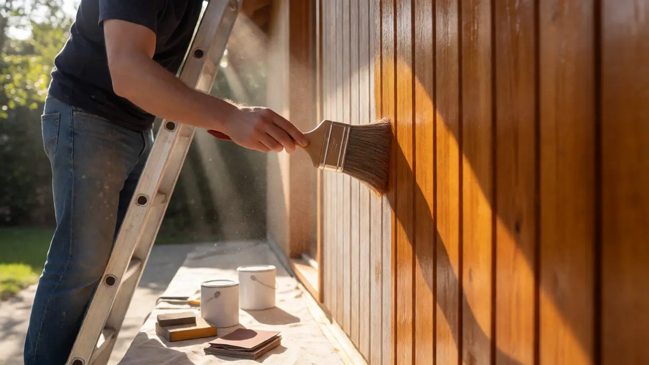 Handwerker streicht eine Holzfassade mit neuer Lasur, wobei der Unterschied zwischen alt und neu deutlich wird.
