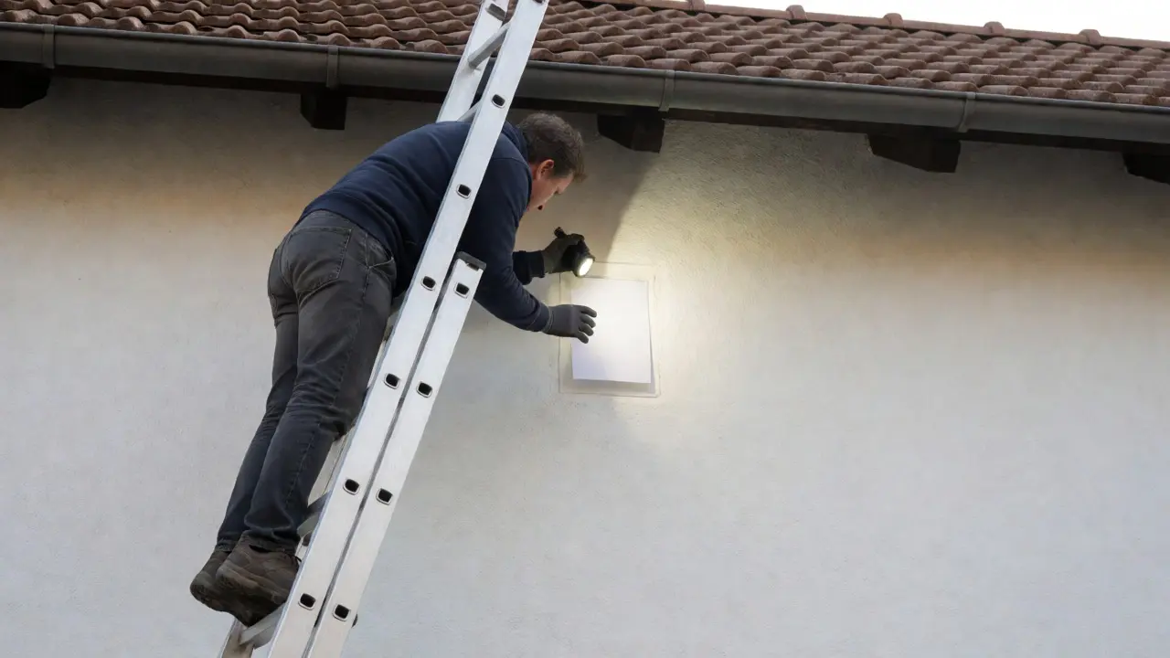 Hausbesitzer prüft Fensterdichtung mit Papier-Test auf der Leiter