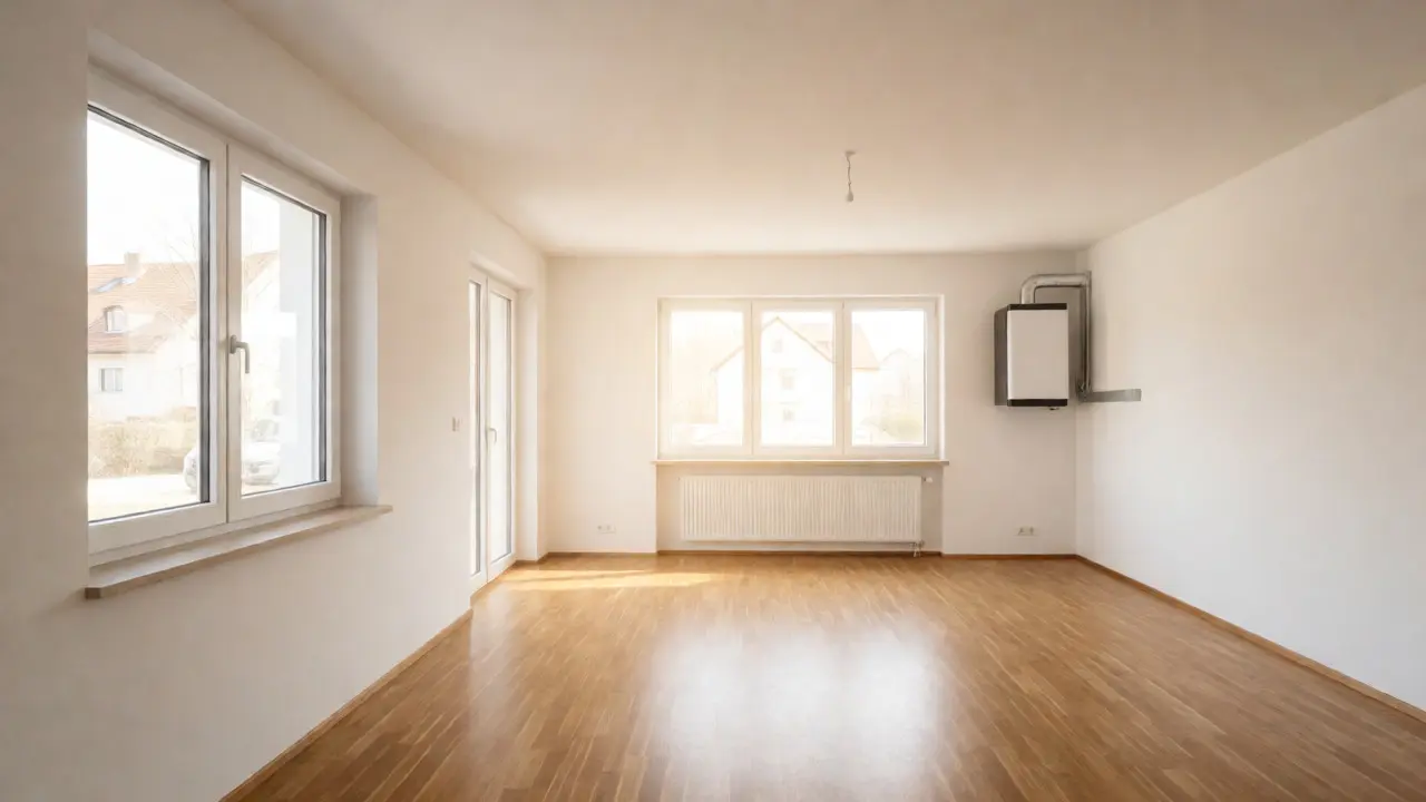Helles, fertig renoviertes Zimmer mit Parkettboden und neuen Fenstern.