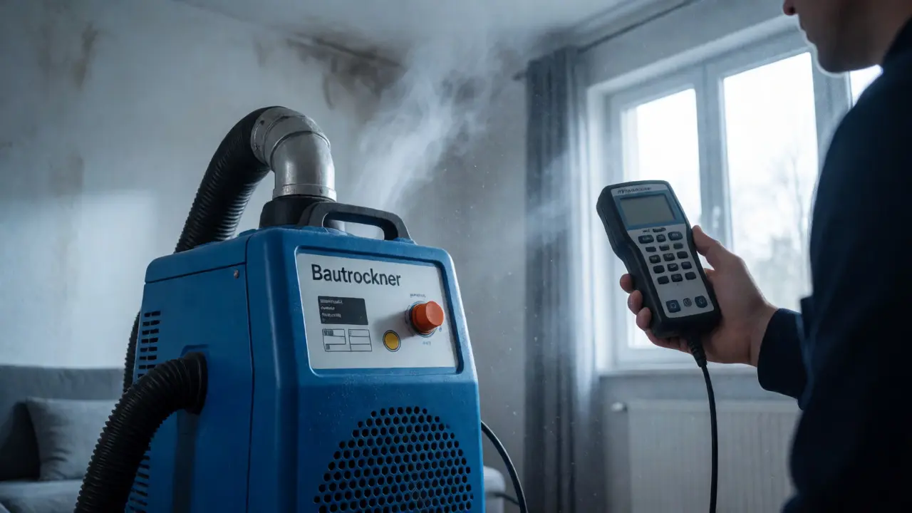 Professioneller Bautrockner und Feuchtemessgerät bei der Lecksuche im Wohnraum.
