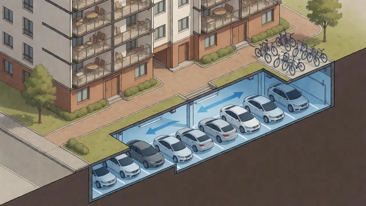 Querschnitt eines Mehrfamilienhauses mit Tiefgarage und Fahrradabstellplätzen